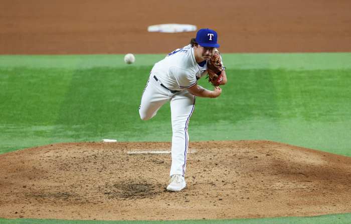 Jun 13, 2023; Arlington, Texas, USA; Texas Rangers relief pitcher Owen White (43) throws during the fifth inning against the Los Angeles Angels at Globe Life Field. Mandatory Credit: Kevin Jairaj-USA TODAY Sports